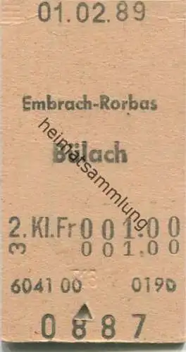 Schweiz - Embrach-Rorbas Bülach - Fahrkarte 1989