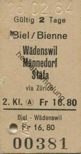 Schweiz - Biel/Bienne Wädenswil Männedorf Stäfa via Zürich - Fahrkarte 1964