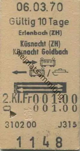 Schweiz - Erlenbach (ZH) Küsnacht (ZH) Küsnacht Goldbach mit Bahn zurück mit Bahn und Schiff - Fahrkarte 1970
