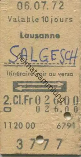 Schweiz - Lausanne Salgesch und zurück - Fahrkarte 1972