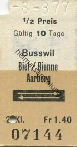 Schweiz - Busswil Biel/Bienne Aarberg - und zurück - rückseitig gestempelt Bus - Fahrkarte 1977