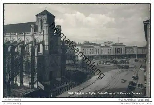 Geneve - Eglise Notre-Dame et la Gare de Cornavin - Strassenbahn - Foto-AK