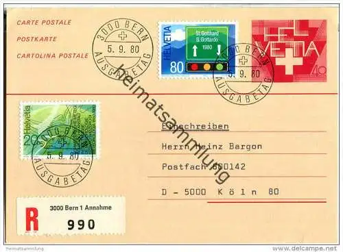 Postkarte 40 Cts Schweizerkreuz - Ersttagsstempel - Einschreiben Ausland