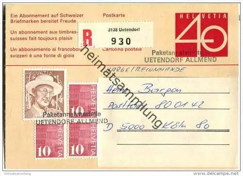 Postkarte 40 Cts Grosse Ziffer - Einschreiben - Aufgabestempel Paketannahmestempel Uetendorf Allmend