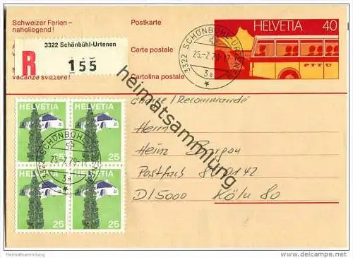 Postkarte 40 Cts Postautomobil - Einschreiben Ausland mit Zusatzfrankatur