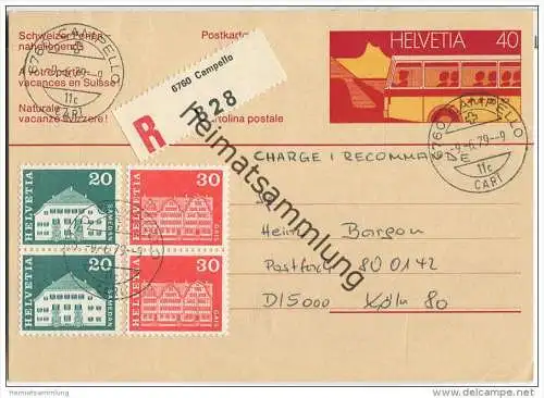 Postkarte 40 Cts Postautomobil - Einschreiben Ausland mit Zusatzfrankatur