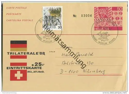Postkarte 50 Cts Volkskunst - Eintrittskarte Trilaterale 88 mit Sonderstempel