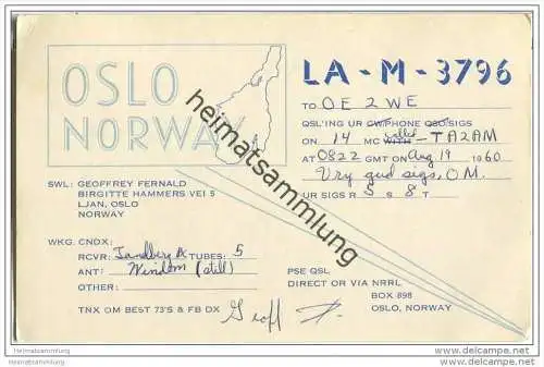 QSL - QTH - Funkkarte - LA-M-3796 - Norwegen - Norge - Oslo - 1960