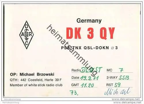 QSL - QTH - Funkkarte - DK3QY - Coesfeld - 1971