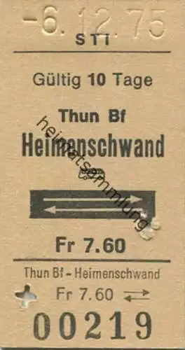 Schweiz - STI (Steffisburg–Thun–Interlaken) - Thun Bf Heimenschwand - Bus - und zurück - Fahrkarte 1975