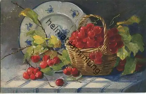 Stilleben - Kirschen - Künstler-Ansichtskarte signiert - Bahnpost