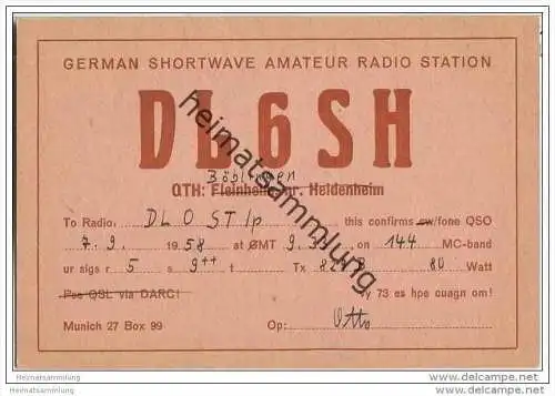 QSL - Funkkarte - DL6SH - Böblingen - 1958