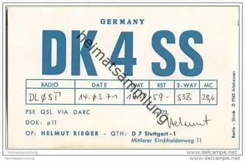 QSL - Funkkarte - DK4SS - Stuttgart - 1971
