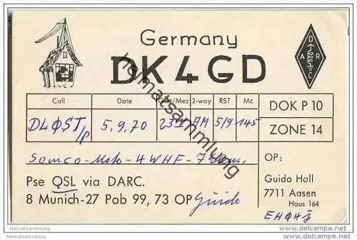 QSL - Funkkarte - DK4GD - Donaueschingen-Aasen - 1970