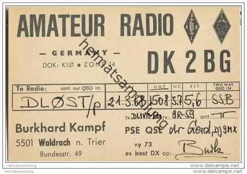 QSL - Funkkarte - DK2BG - Waldrach - 1968