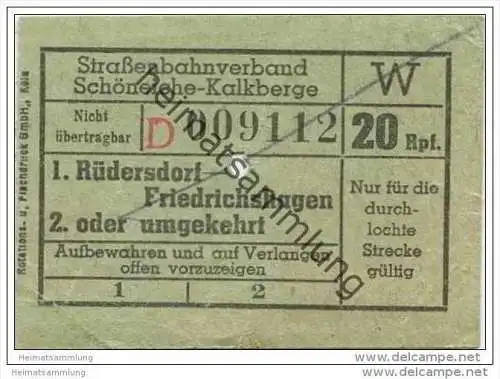 Fahrkarte - Strassenbahnverband Schöneiche-Kalkberge - Rüdersdorf Friedrichshagen oder umgekehrt - Fahrschein 20Rpf.