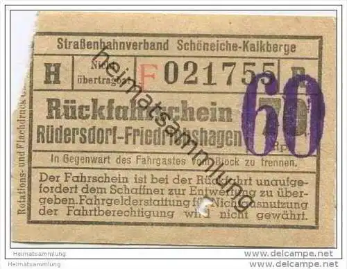 Fahrkarte - Strassenbahnverband Schöneiche-Kalkberge - Rüdersdorf Friedrichshagen - Rückfahrschein - Überdruck 60Rpf.