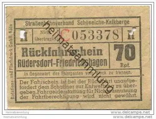 Fahrkarte - Strassenbahnverband Schöneiche-Kalkberge - Rüdersdorf Friedrichshagen - Rückfahrschein 70Rpf.