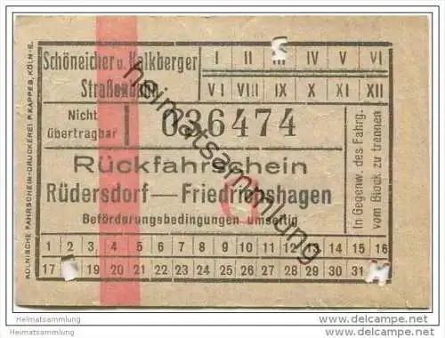 Fahrkarte - Schöneicher und Kalkberger Strassenbahn - Rückfahrschein - Rüdersdorf Friedrichshagen