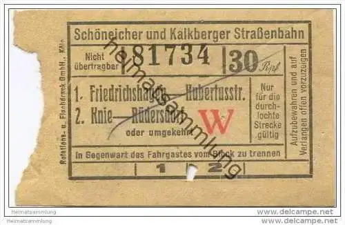 Fahrkarte - Schöneicher und Kalkberger Strassenbahn - Friedrichshagen - Hubertusstrasse - Knie - Rüdersdorf