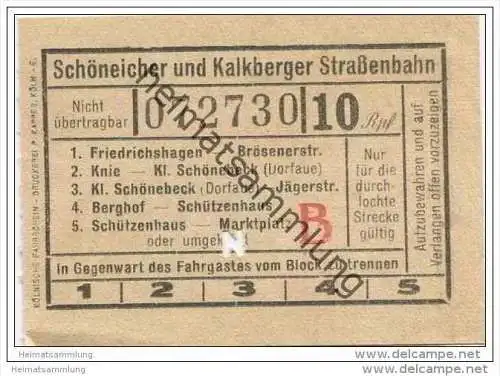 Fahrkarte - Schöneicher und Kalkberger Strassenbahn - Friedrichshagen - Knie - Klein Schönebeck - Berghof - Fahrschein