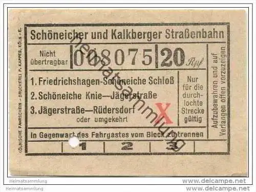 Fahrkarte - Schöneicher und Kalkberger Strassenbahn - Friedrichshagen - Rüdersdorf - Fahrschein 20Rpf.