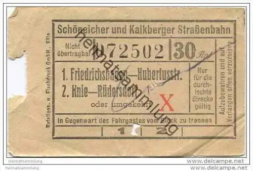 Fahrkarte - Schöneicher und Kalkberger Strassenbahn - Friedrichshagen - Hubertusstrasse - Knie - Rüdersdorf - Fahrschein