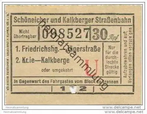 Fahrkarte - Schöneicher und Kalkberger Strassenbahn - Friedrichshagen - Jägerstrasse - Knie - Kalkberge - Fahrschein