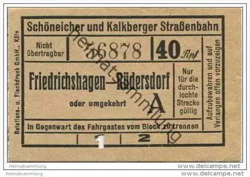 Fahrkarte - Schöneicher und Kalkberger Strassenbahn - Friedrichshagen - Rüdersdorf - Fahrschein 40Rpf.