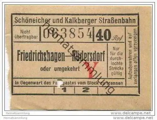 Fahrkarte - Schöneicher und Kalkberger Strassenbahn - Friedrichshagen - Rüdersdorf - Fahrschein 40Rpf.