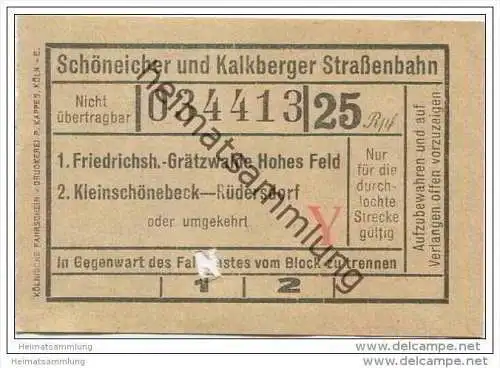 Fahrkarte - Schöneicher und Kalkberger Strassenbahn - Friedrichshagen - Kleinschönebeck - Rüdersdorf - Fahrschein 25Rpf.