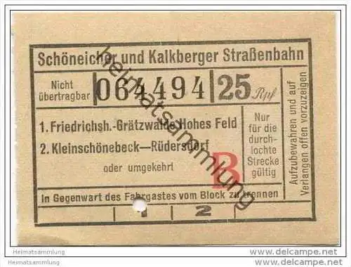 Fahrkarte - Schöneicher und Kalkberger Strassenbahn - Friedrichshagen - Kleinschönebeck - Rüdersdorf - Fahrschein 25Rpf.