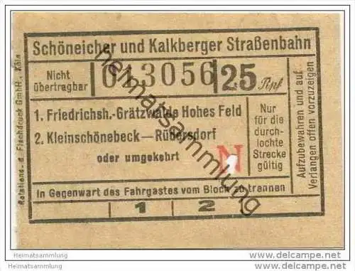 Fahrkarte - Schöneicher und Kalkberger Strassenbahn - Friedrichshagen - Kleinschönebeck - Rüdersdorf - Fahrschein 25Rpf.
