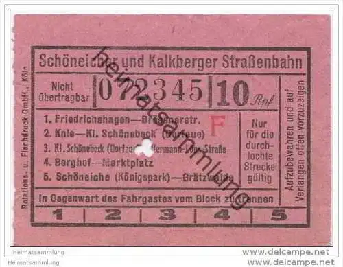 Schöneicher und Kalkberger Strassenbahn - Friedrichshagen - Schöneiche - Grätzwalde - Fahrschein 10Rpf.