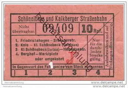Fahrkarte - Schöneicher und Kalkberger Strassenbahn - Friedrichshagen - Klein Schönebeck - Berghof - Fahrschein 10Rpf.