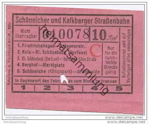 Schöneiche Kalkberge - Schöneicher und Kalkberger Strassenbahn - Fahrschein 10Rpf.