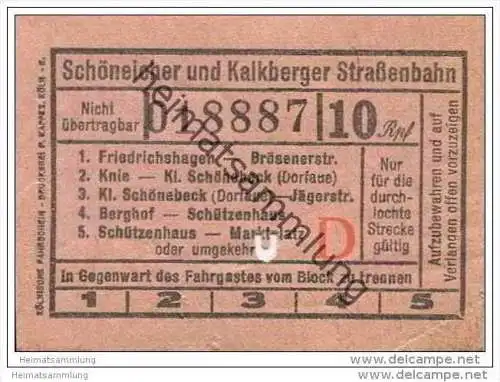 Schöneiche Kalkberge - Schöneicher und Kalkberger Strassenbahn - Fahrschein 10Rpf.