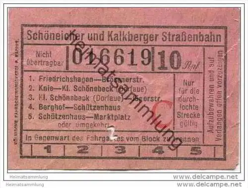 Schöneiche Kalkberge - Schöneicher und Kalkberger Strassenbahn - Fahrschein 10Rpf.