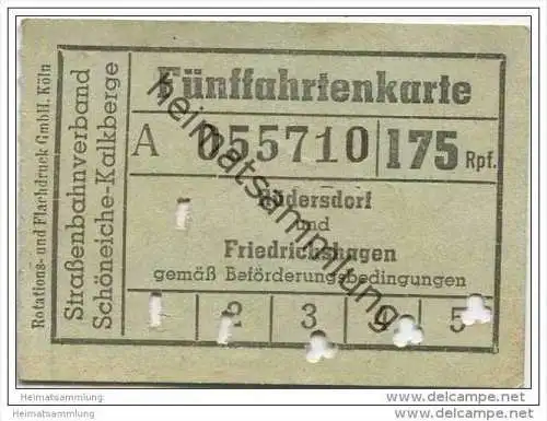 Schöneiche Kalkberge - Strassenbahnverband Schöneiche-Kalkberge - Fünffahrtenkarte - Rüdersdorf und Friedrichshagen