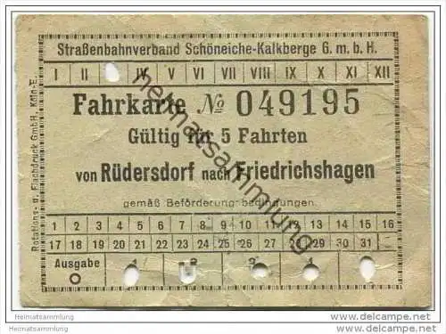 Schöneiche Kalkberge - Strassenbahnverband Schöneiche-Kalkberge GmbH - Fahrkarte für 5 Fahrten - von Rüdersdorf
