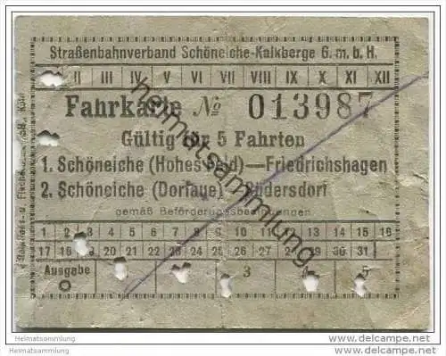 Fahrkarte - Schöneiche Kalkberge - Strassenbahnverband Schöneiche-Kalkberge GmbH - Fahrkarte für 5 Fahrten - Schöneiche