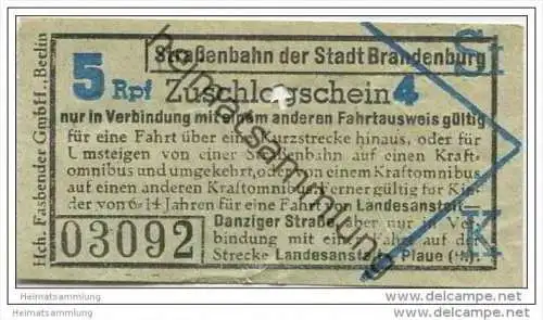 Fahrkarte - Stadt Brandenburg - Strassenbahn der Stadt Brandenburg - Zuschlagschein - Fahrschein 5Rpf.