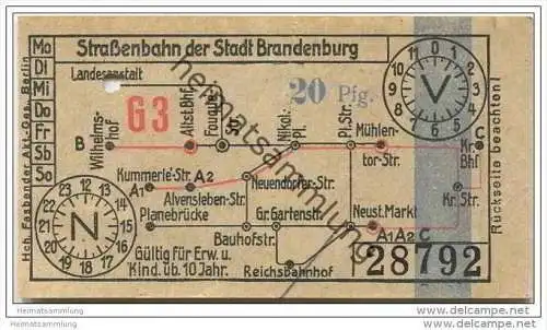 Fahrkarte - Stadt Brandenburg - Strassenbahn der Stadt Brandenburg - Fahrschein 20Pfg.