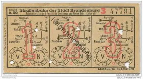 Fahrschein - Stadt Brandenburg - Strassenbahn der Stadt Brandenburg - Fahrkarte gültig für 3 Fahrten - RM 0.50