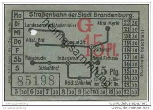 Fahrkarte - Stadt Brandenburg - Strassenbahn der Stadt Brandenburg - Fahrschein 15Pf.