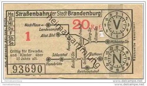 Fahrkarte - Stadt Brandenburg - Strassenbahn der Stadt Brandenburg - Fahrschein 20Rpf.