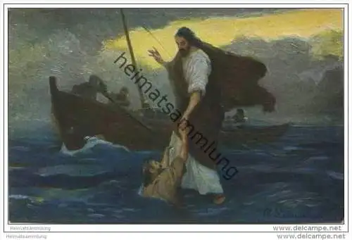 Die Heilige Schrift - Jesus wandelt auf dem Meere - Künstlerkarte R. Leinweber ca. 1910