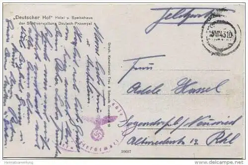 Deutsch-Przemysl - Deutscher Hof Hotel und Speisehaus - Verlag Trau &amp; Schwab Dresden - Feldpost gel. 1943