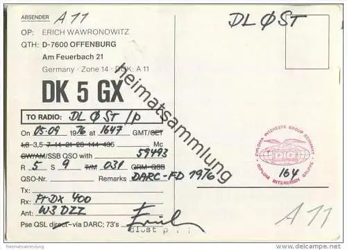 QSL - QTH - Funkkarte - DK5GX - Offenburg - 1976