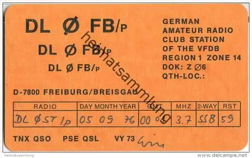 QSL - QTH - Funkkarte - DL0FB/p - Freiburg - 1976